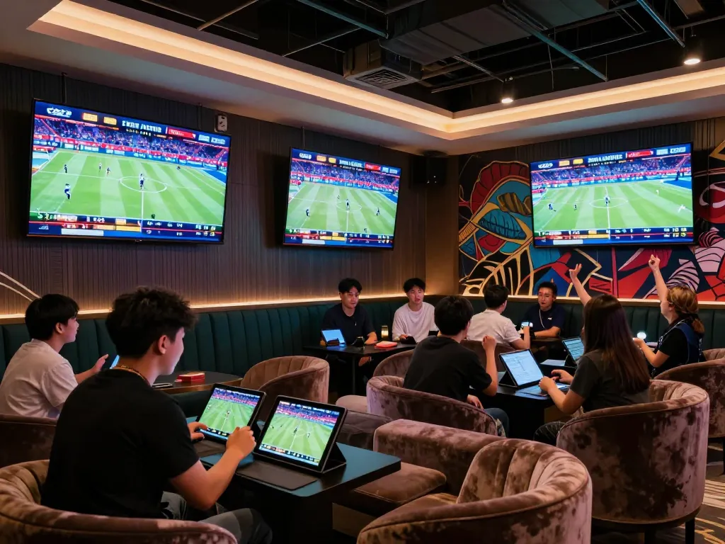 uk88 sports betting scene with excited bettors analyzing games on tablets in a vibrant lounge
