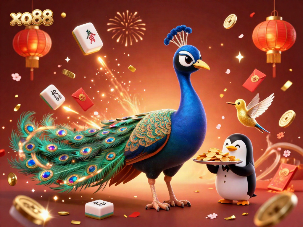 Experience the vibrant world of xo88 with an exquisite 3D depiction featuring a peacock, penguin, and hummingbird in a dynamic casino scene.
