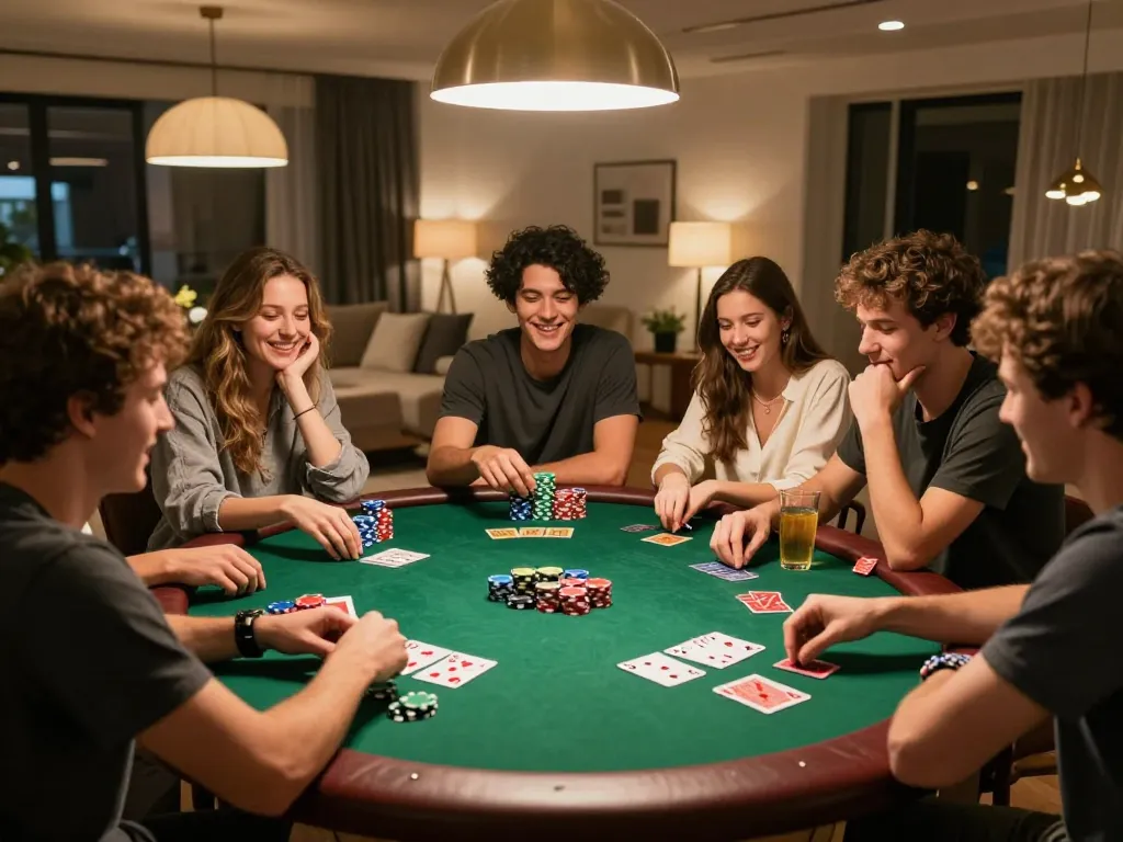 Players enjoying a thrilling poker night with lucky88, surrounded by colorful chips and cards in a cozy setting.