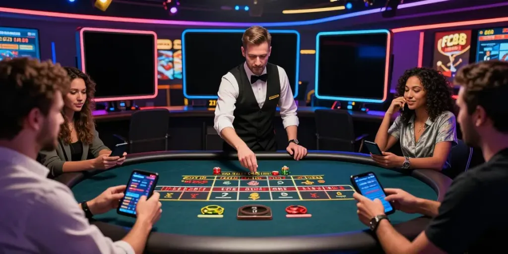 Players enjoying FC88’s live casino experience, with a dealer managing roulette amidst vibrant lighting and tech displays.