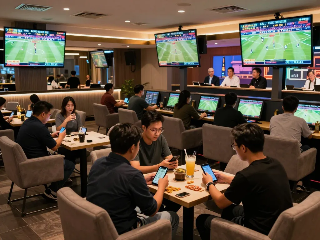Enthusiastic bettors engaging with sports apps on 9bet com in a lively sportsbook lounge environment.