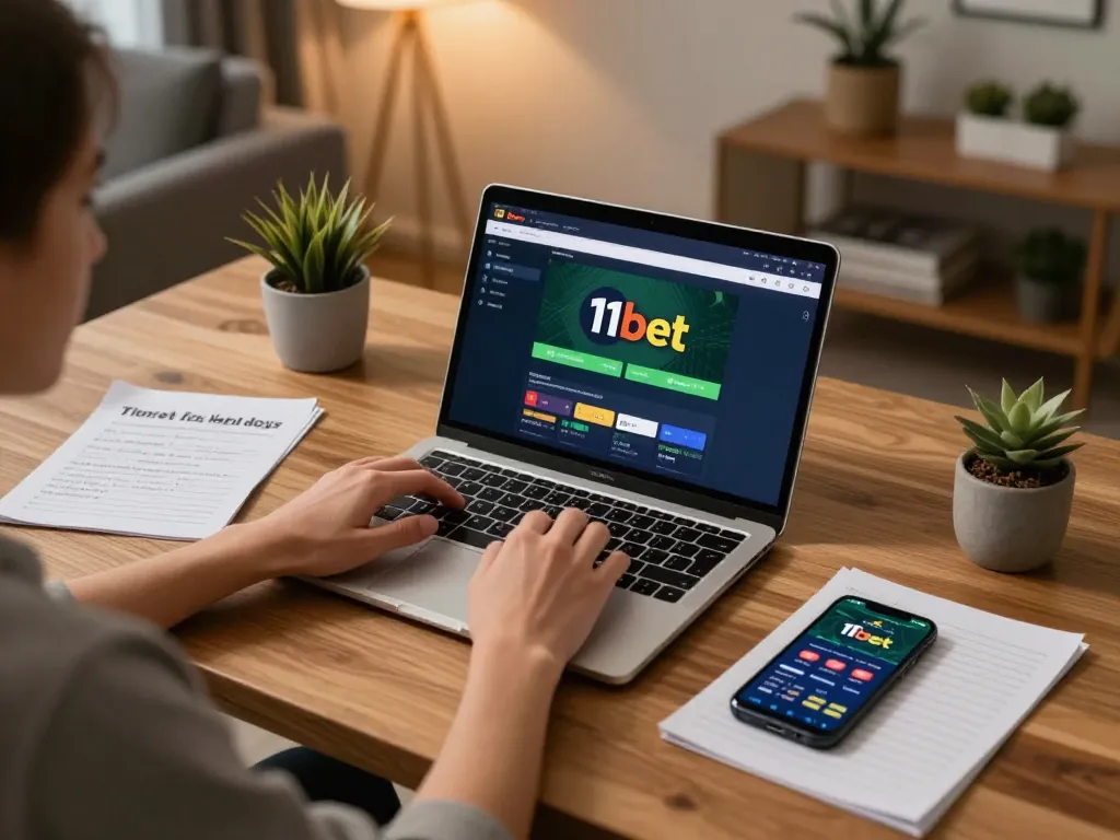 Player engaging with the 11bet online platform on a sleek laptop, showcasing responsible gambling practices in a comfortable home office.