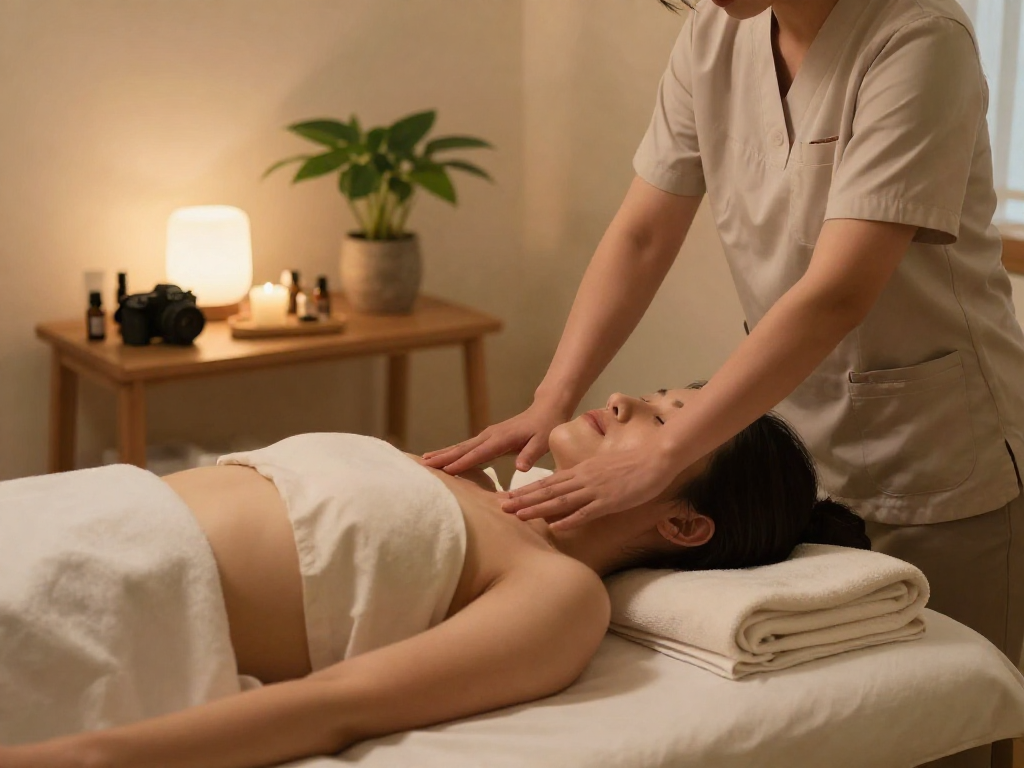 Relaxing scene of 부평출장마사지 with a professional therapist in a serene home environment.