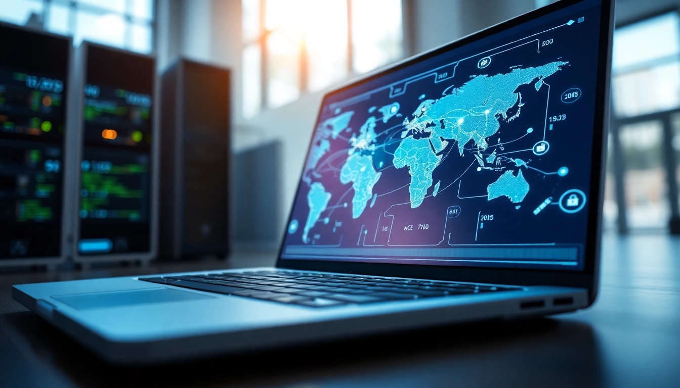 快连下载 showcased on a laptop screen with global networking elements and security icons.