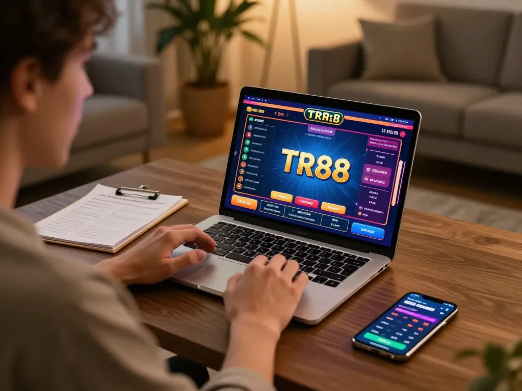 Engaging in TR88 online casino gaming on a sleek laptop with colorful game interface.