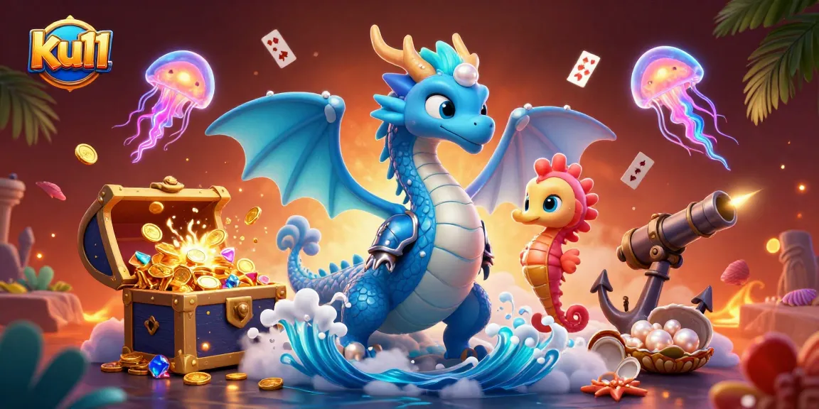 Spin to win at ku11 with an exciting scene of a water dragon, seahorse knight, and glowing jellyfish in a vibrant casino environment.