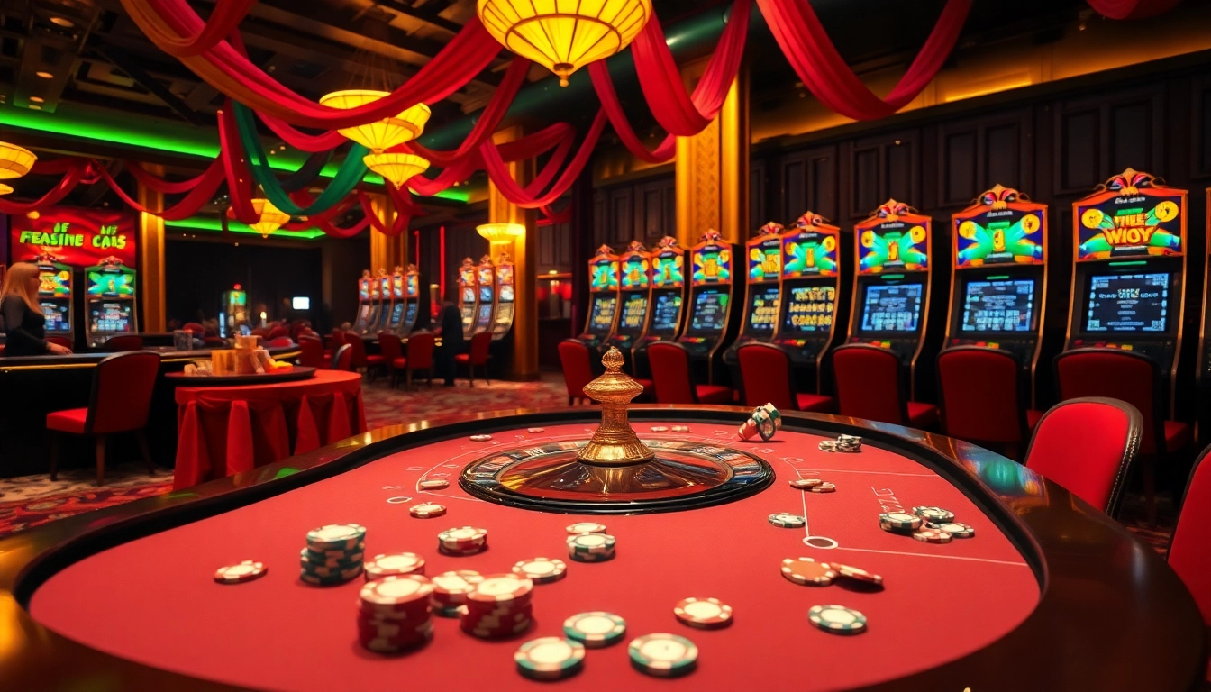 Engage in the vibrant casino scene highlighting 'Festivaliu juosteles' through colorful decorations.