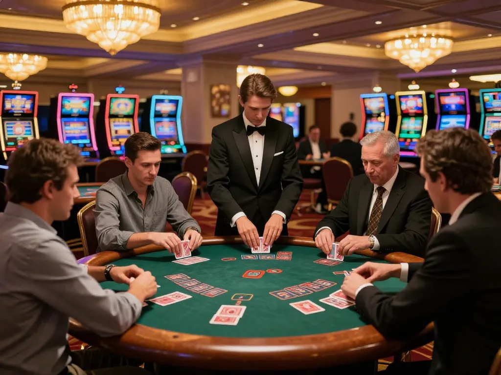 vip66 players at a blackjack table strategizing their next move in a luxurious casino environment.