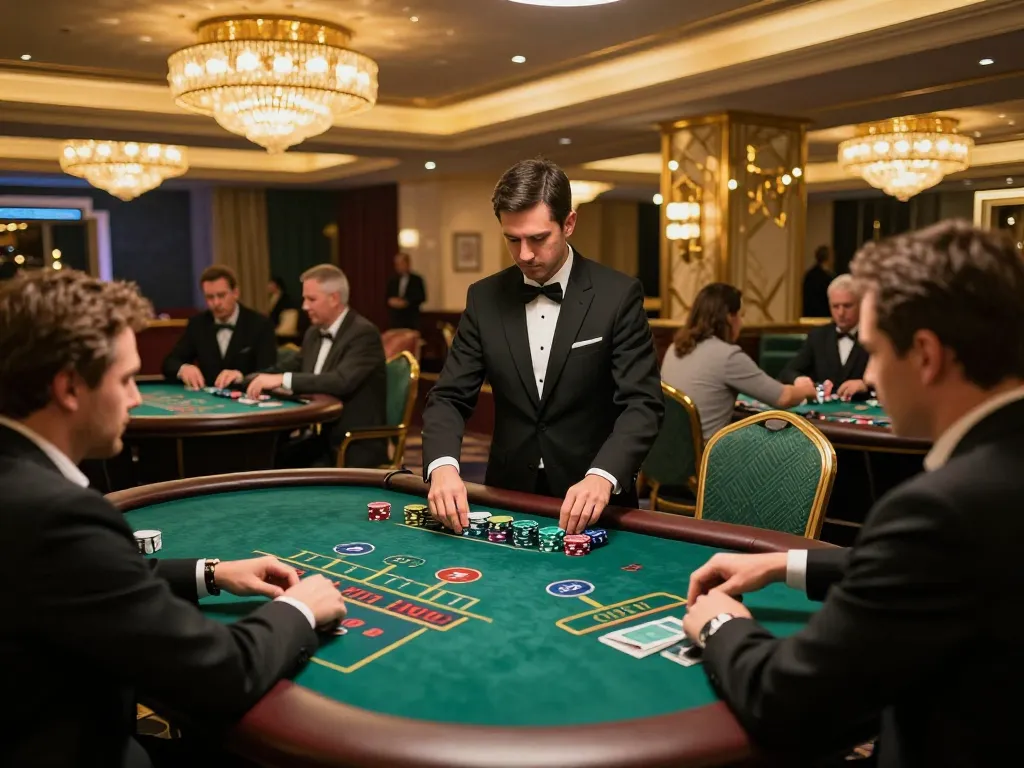 cm88casino players engaging in strategic gameplay at upscale blackjack tables in vibrant casino setting