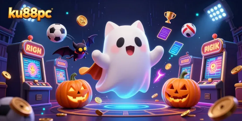 Experience the thrilling atmosphere of ku88pc with playful characters amidst vibrant casino elements.