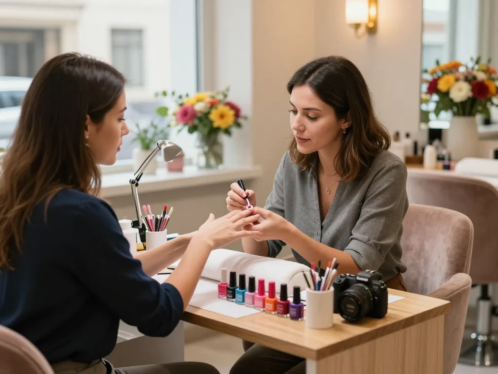 Nail technician applying gel polish in a hygienic beauty salon.