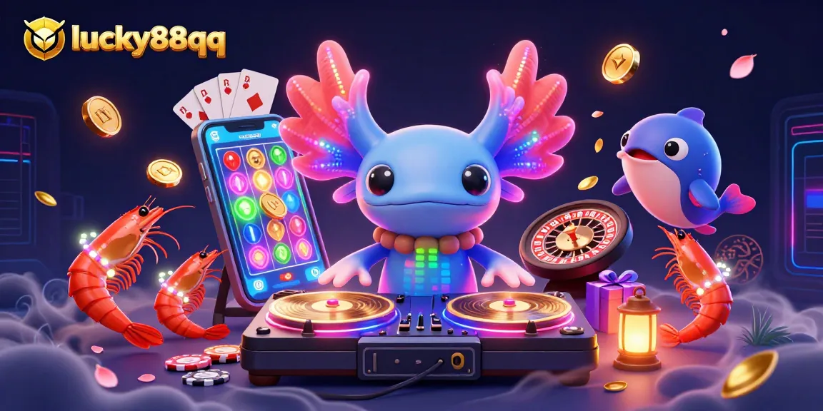 Engage with lucky88qq's vibrant gaming scene featuring an axolotl DJ, exciting slot games, and more.