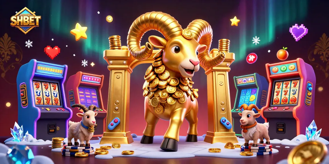 Experience the lively action of SHBET with a 3D cartoon golden ram amidst vibrant gaming elements and slot visuals.