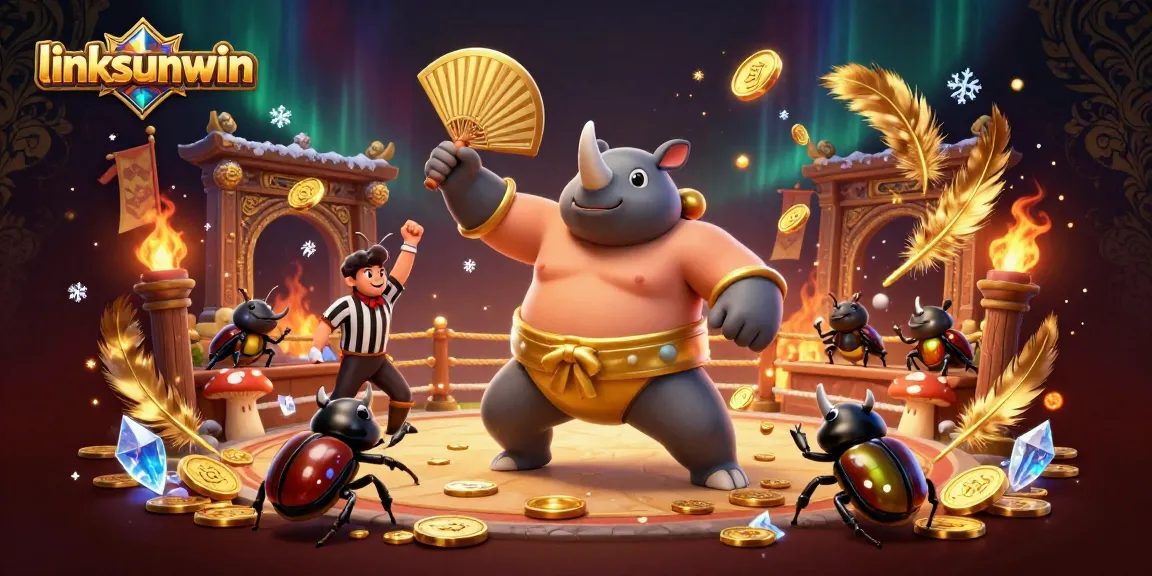 Engage in thrilling play at linksunwin, featuring a dynamic sumo beetle championship scene packed with vibrant casino elements.