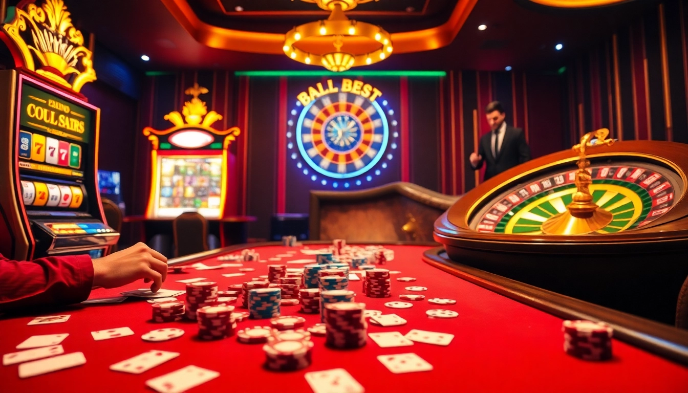 Excited gamblers at a poker table with CM88 branded poker chips and vibrant slot machines.