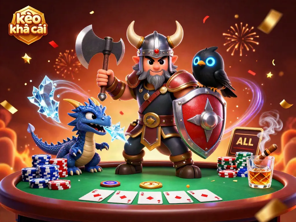 Engage with kèo nhà cái in an exciting 3D cartoon scene featuring a Viking wolf warrior and casino elements.