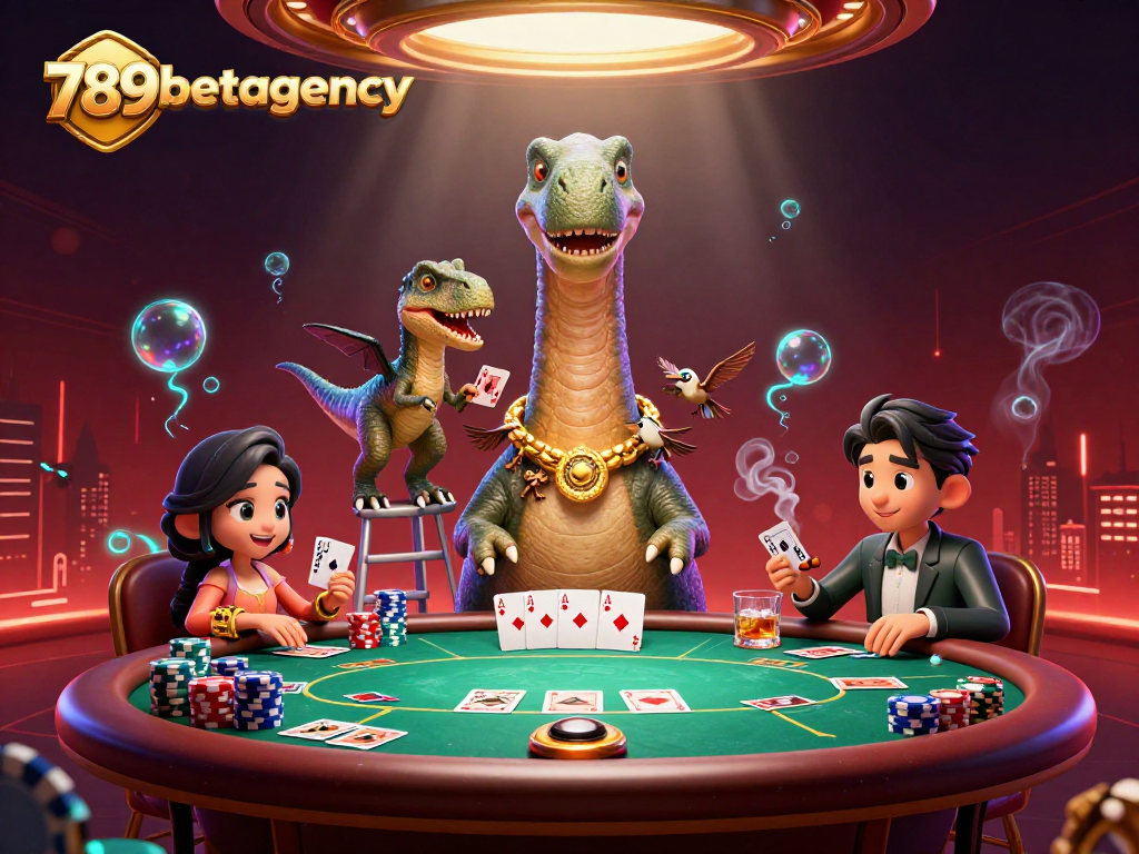 Engage with 789betagency's exciting poker scene featuring a brontosaurus and clever raptor.
