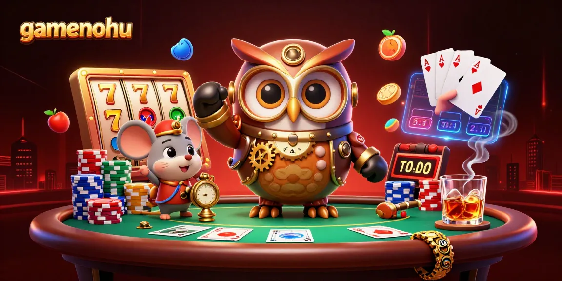 Engage with gamenohu's thrilling jackpot slots as the cartoon owl journeys through a vibrant casino realm.
