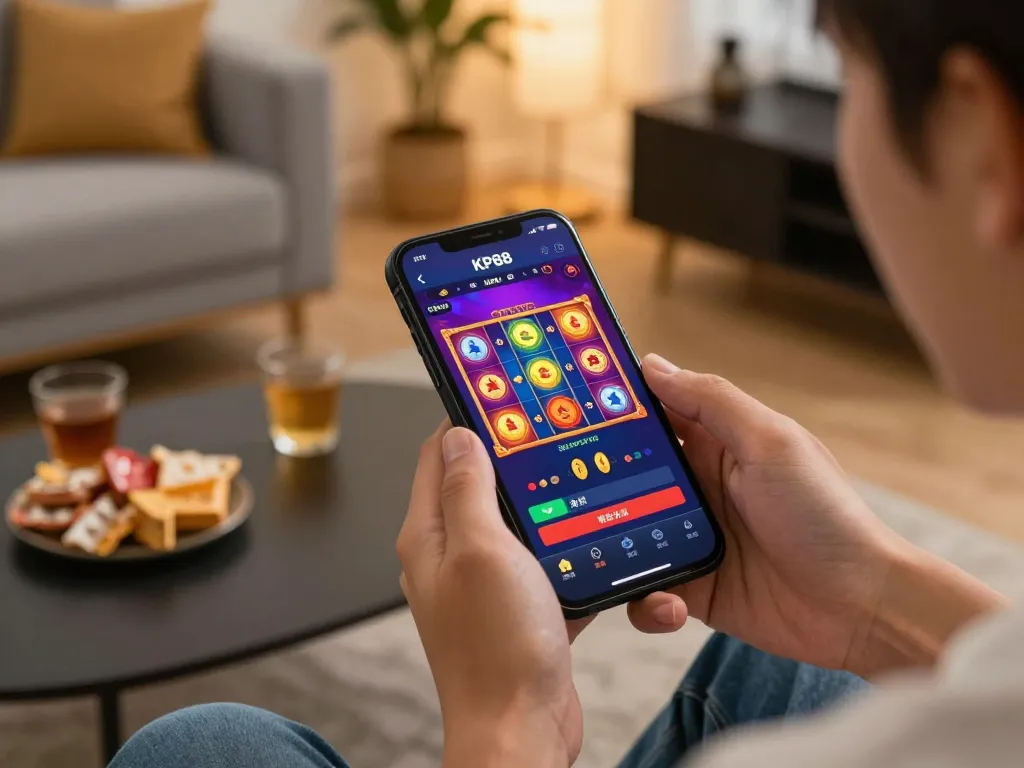 Player enjoying vibrant KP88 mobile app gameplay with colorful slots in cozy home.