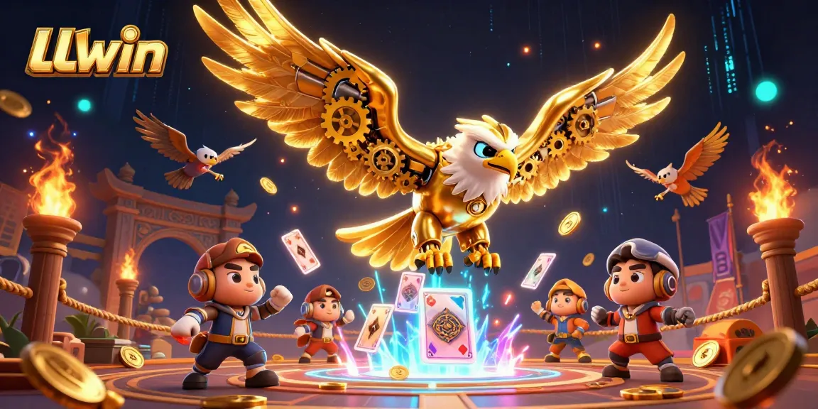Experience thrilling wins at LLwin with a cybernetic eagle soaring through a vibrant casino scene.