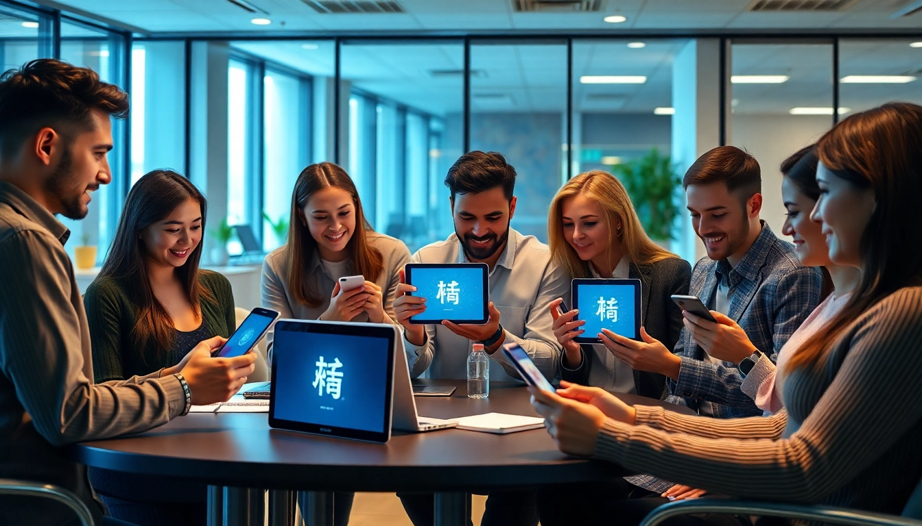 快连官网 interface showcased in a modern office with diverse users engaging in technology.