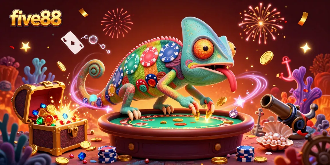 Experience the excitement of five88 casino with a vibrant 3D chameleon owner amidst treasure and games.