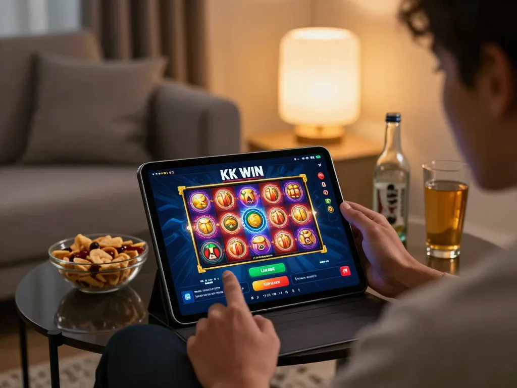 Engage with KK WIN mobile app in a cozy setting, highlighting online gambling responsibly.
