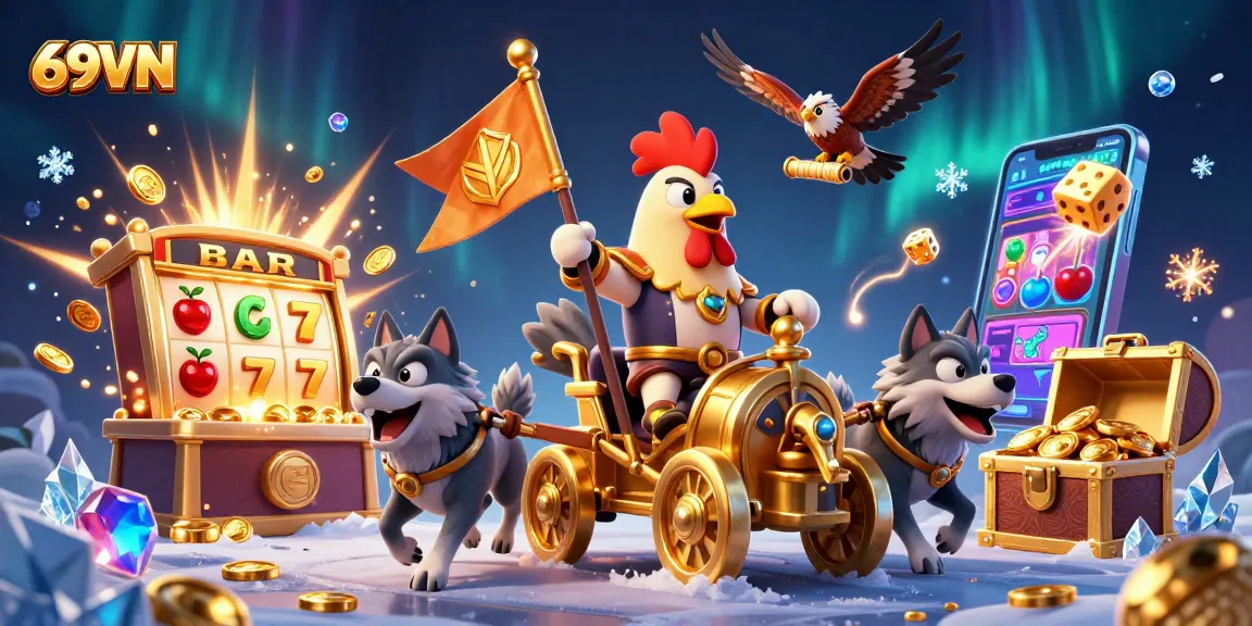Experience the thrill of 69VN with a 3D cartoon rooster warlord leading a jackpot explosion in a vibrant casino scene.