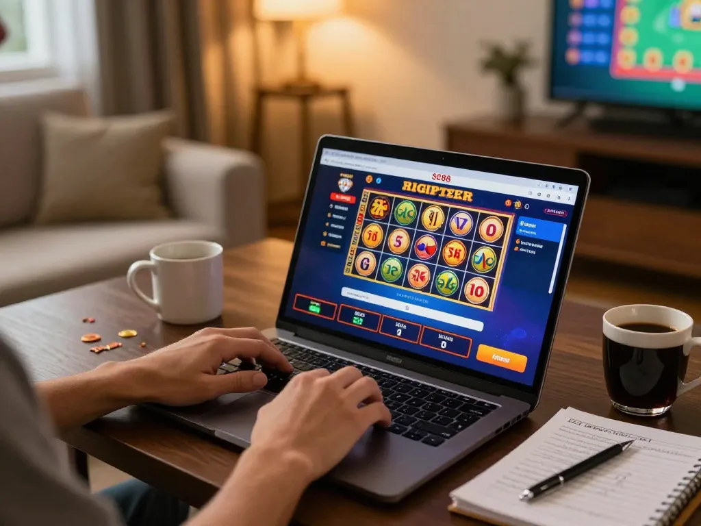 Engaging in SC88 đăng nhập activity with laptop, showing thrilling online games in a cozy home setup.