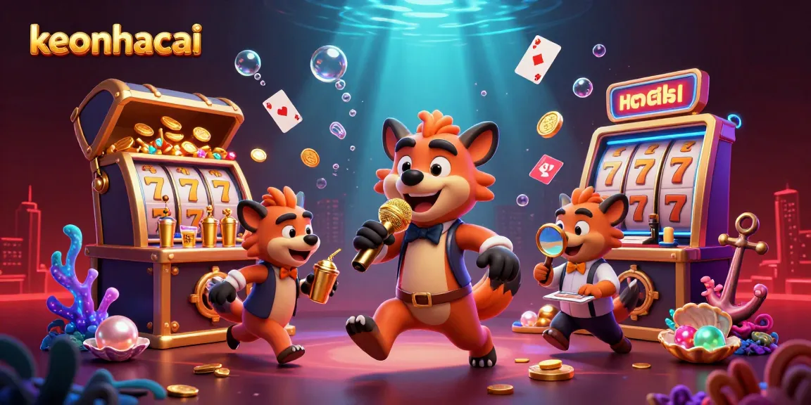 keonhacai-themed scene with hyena characters running a comedy casino, featuring vibrant slot elements
