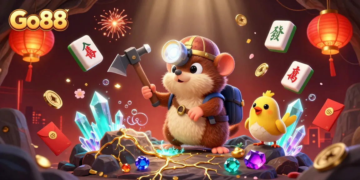 Go88 showcases a vibrant 3D scene of a treasure hunter mole discovering gems, surrounded by festive gambling elements.