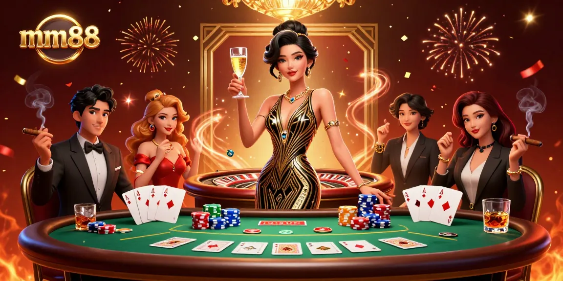 Experience the excitement of mm88 as a glamorous Asian woman engages in high-stakes poker surrounded by vibrant casino elements.