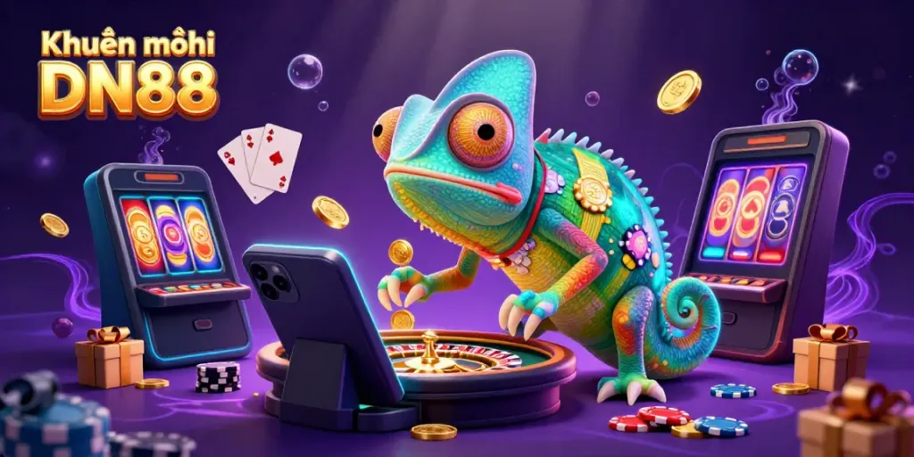 Engaging scene illustrating Khuyến mãi DN88 with a chameleon casino owner, showcasing dynamic gambling elements.