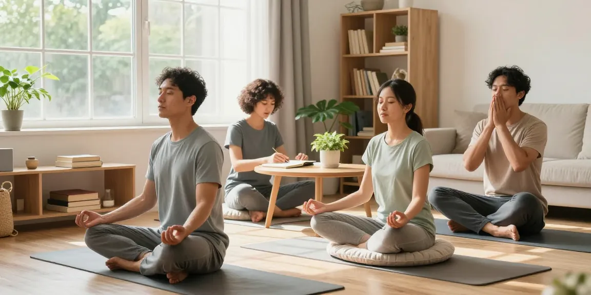 People practicing wellness activities at home, reflecting rokok88's focus on mental health and self-care.