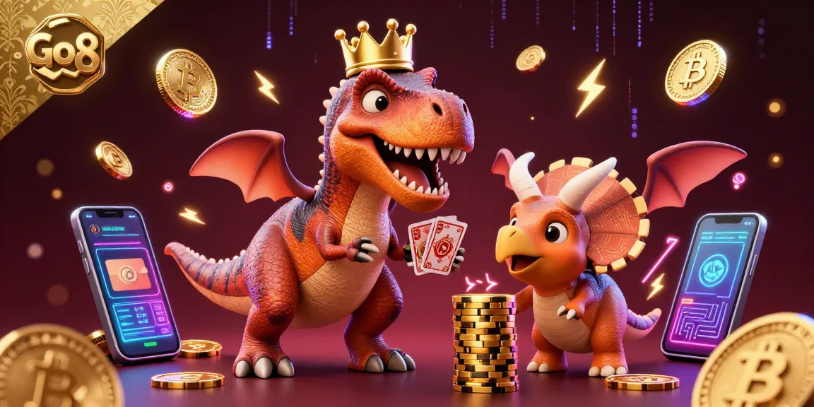 Engage in thrilling games at Go8 with a rich scene featuring a T-Rex shuffling cards and chips being stacked.