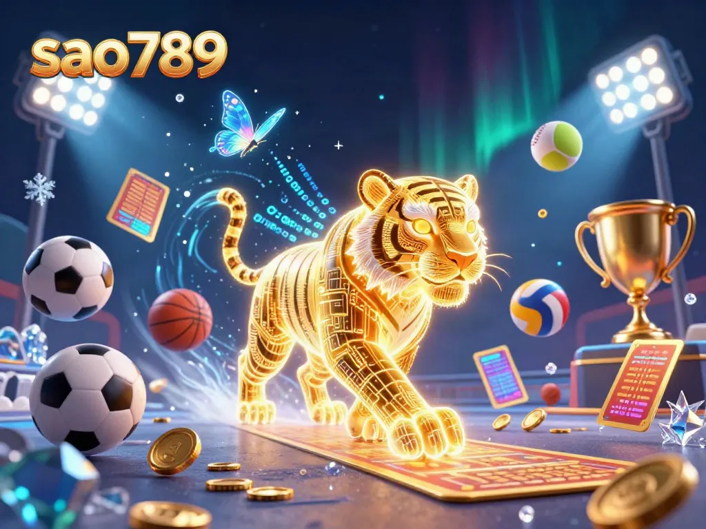 Experience the excitement of casino gaming with sao789, featuring a golden tiger in a digital landscape.