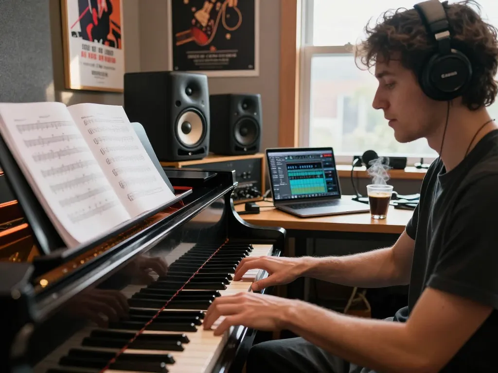Muzician playing VK88 piano in a vibrant music studio with warm lighting.