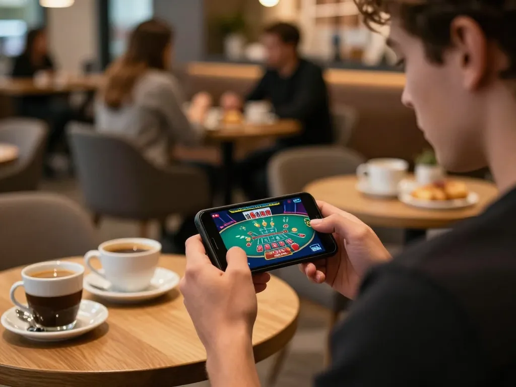 Engaging moment of mobile player enjoying KP88 online blackjack at a café table, smartphone screen displaying live dealer.