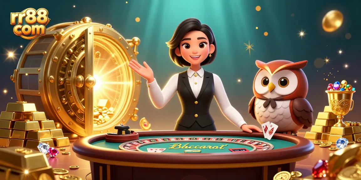 Bet big and win with rr88 com, showcasing an exciting casino scene featuring a dealer and charming owl assistant.