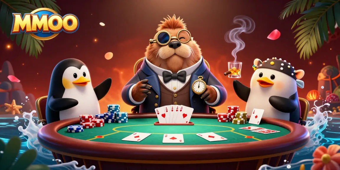 Experience the engaging poker scene at MMOO with a playful walrus, sophisticated dealer, and intense bluffing pufferfish.