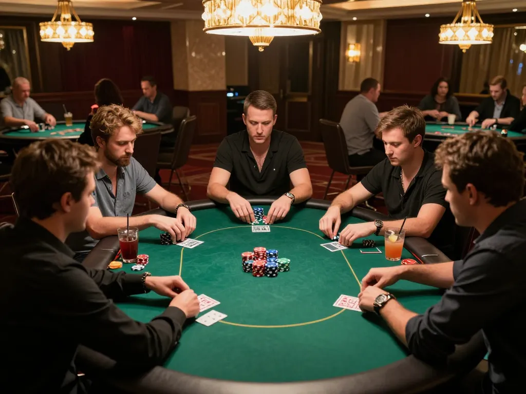 Engaged players participate in a strategic poker game at DA88 casino with premium ambiance and focused lighting.