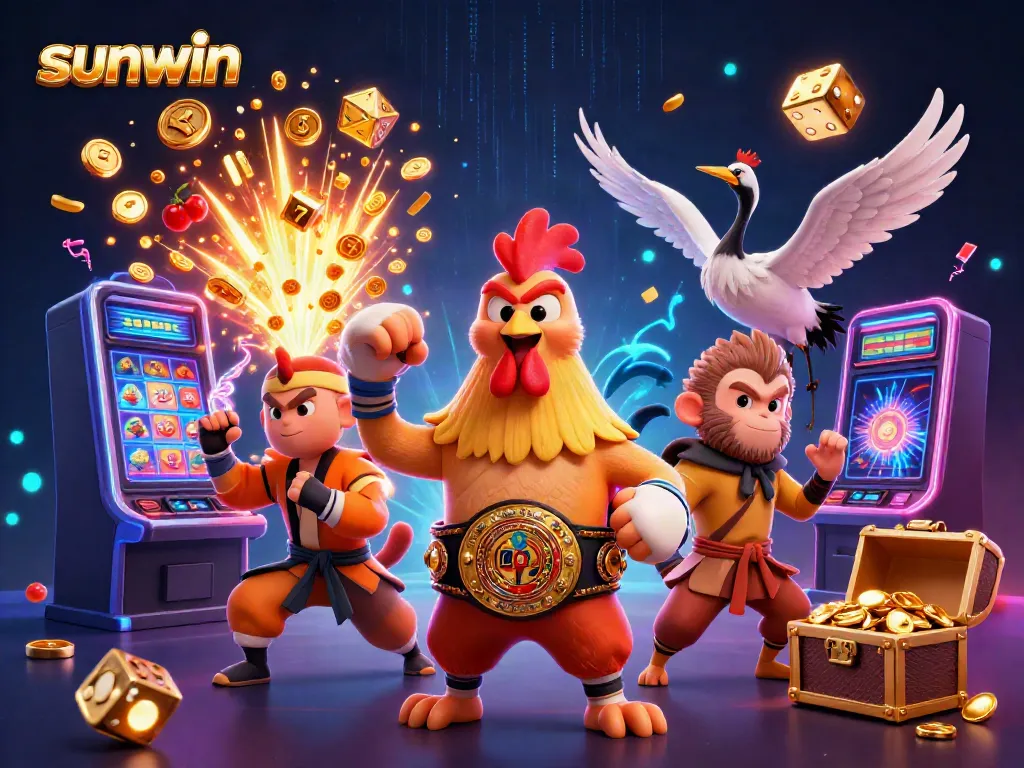 Experience the thrill of sunwin with a vibrant 3D illustration of dynamic cartoon characters and casino elements.