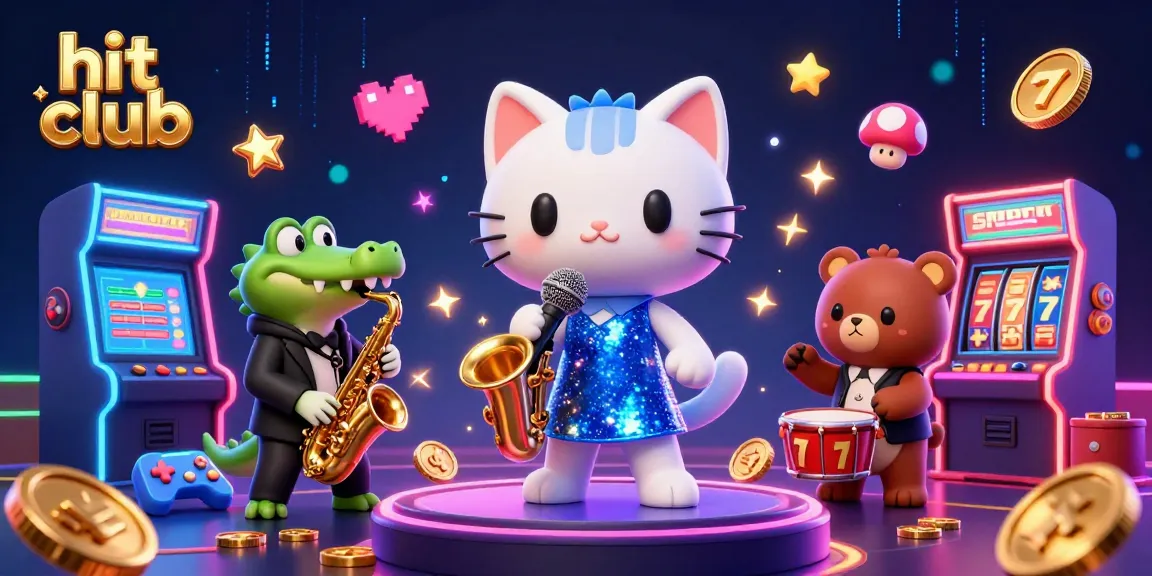 Hit club gambling scene featuring a jazzy cat, crocodile, and bear in a dazzling casino background.