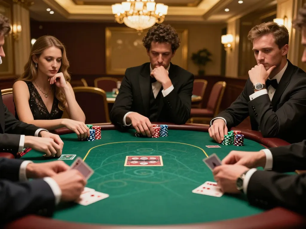 Players strategizing in a high-stakes poker game at F8bet casino table.