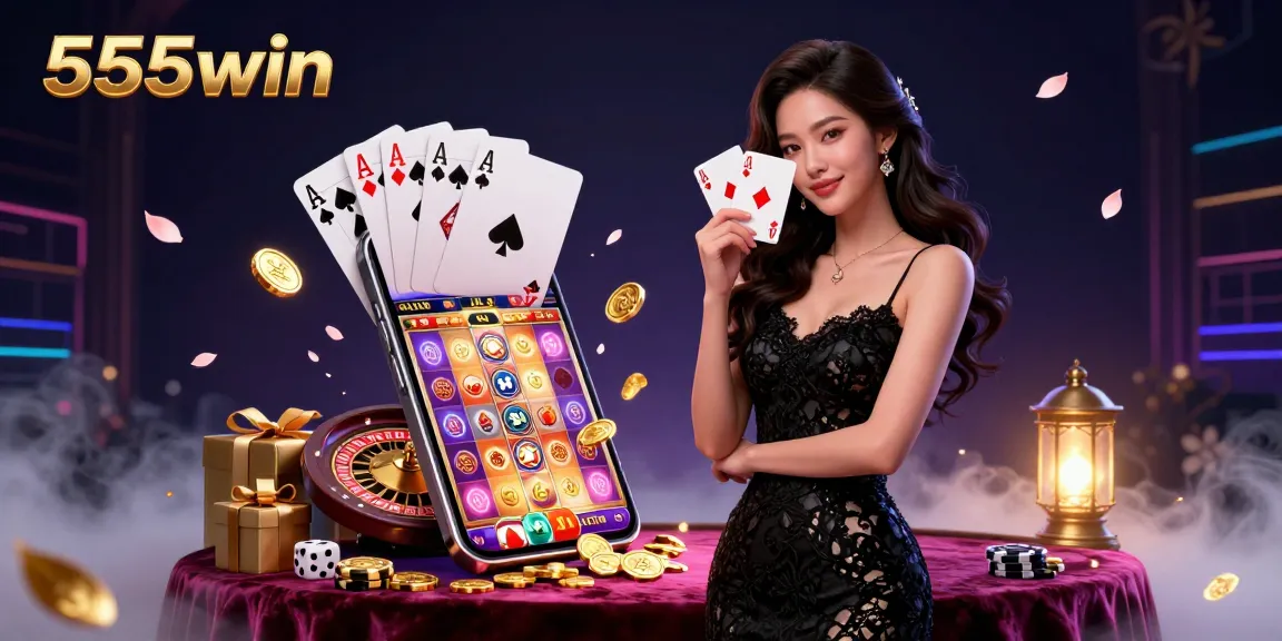 Engage in the thrilling game at 555win with stunning visuals of a casino scene featuring golden chips and ace cards.