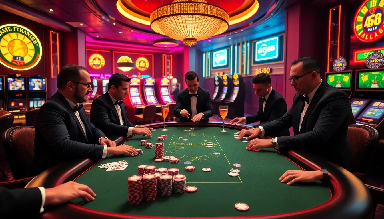 UU88 poker table scene with players, vibrant casino ambiance, and excitement of gambling.