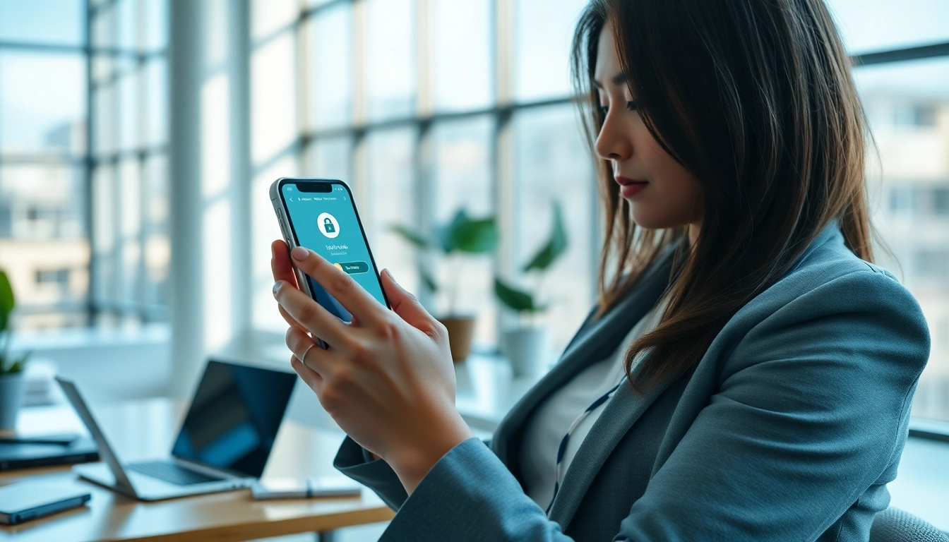 快连下载 application being used on a smartphone in a modern office setting, showcasing professional online connectivity.