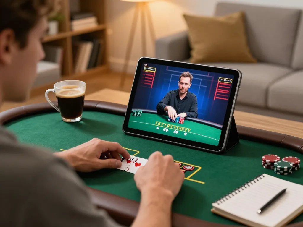 MM88 player strategizing in a cozy living room while betting on a live poker game.