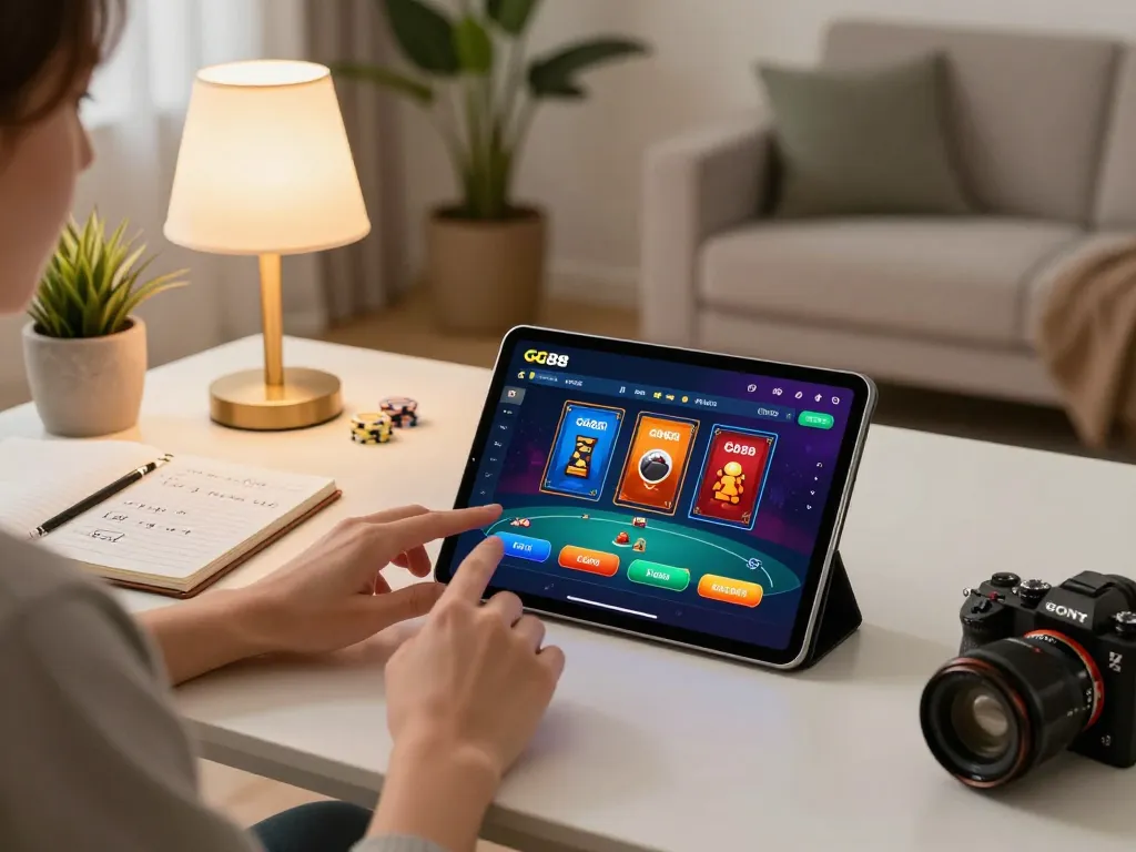 Engaging moment of a player using GG88 app on tablet, enjoying online gambling in a cozy home corner.
