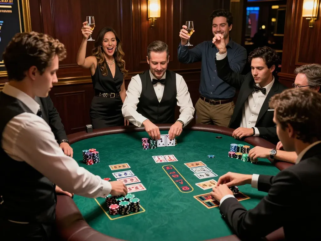 Players enjoying a thrilling blackjack game at du88 com casino, celebrating wins with friends and chips.